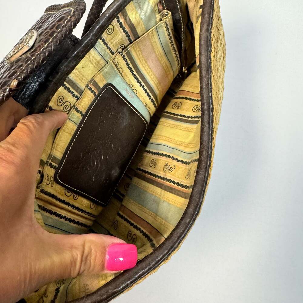 Brighton Woven Tan Straw Dark Brown Croc Embossed Leather Small Bag Tote Satchel - Picture 9 of 11